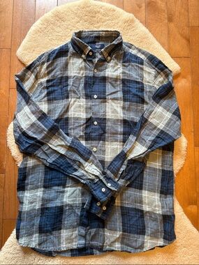 100% Linen ASCOT Plaid Button-Down Shirt — Blue/Grey